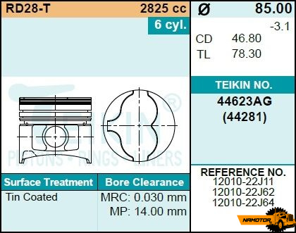 Поршни ДВС NISSAN RD28T (ком-кт) STD ALFIN GALLARY 12010-22J11 12010-22J12 12010-22J13 12010-22J14 12010-22J15 12010-22J62 12010-22J64  44623AG
